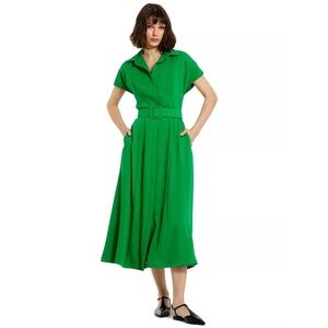 NWT Mac Duggal Crepe Collar Short Sleeve Green Midi Dress - NO BELT